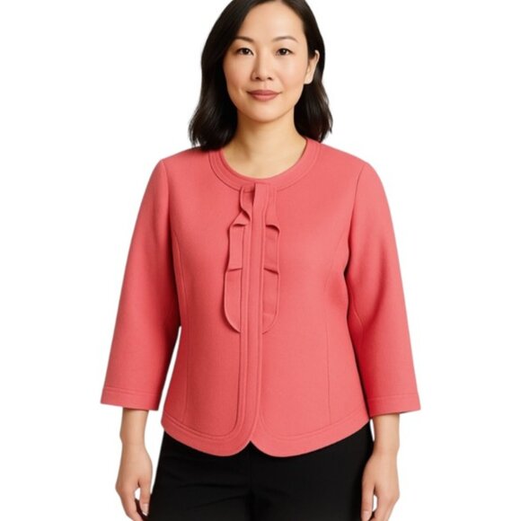 Talbots Petite 14 Petite Salmon Pink Front Snap Closure Ruffle Detail Bl… - Picture 1 of 6